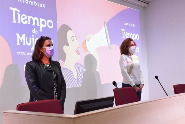 La secretaria de la Mujer de CCOO-A, Yolanda Carrasco, y la secretaria general de CCOO-A, Nuria López, este jueves en la asamble online organizada por el sindicato con motivo del 8M.