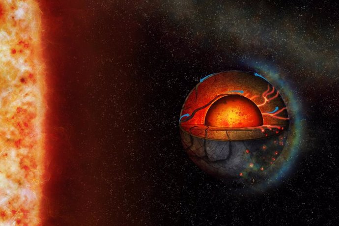 La ilustración de este artista representa la posible dinámica interior del exoplaneta super-terrestre LHS 3844b. Las propiedades interiores del planeta y la fuerte irradiación estelar podrían conducir a un régimen tectónico hemisférico.
