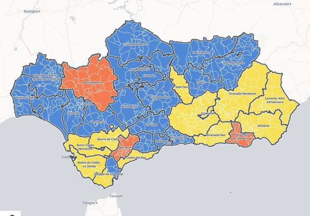 Mapa de Andalucía con niveles de alerta Covid por distritos sanitarios vigentes desde el 5 de marzo de 2021