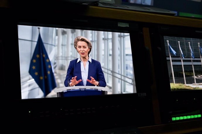 HANDOUT - 23 February 2021, Belgium, Brussels: European Commission President Ursula von der Leyen delivers her speech at the opening of the Europe's flagship annual event on industry EU Industry Days 2021. Photo: Etienne Ansotte/European Commission/dpa 