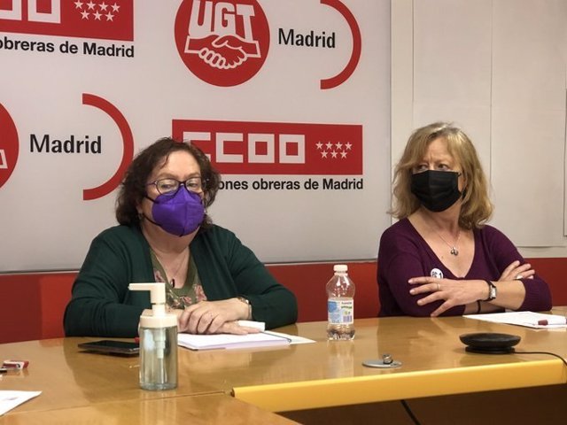 La secretaria de Igualdad de UGT en Madrid, Ana Sánchez, y la secretaria de las Mujeres de CCOO de Madrid, Pilar Morales