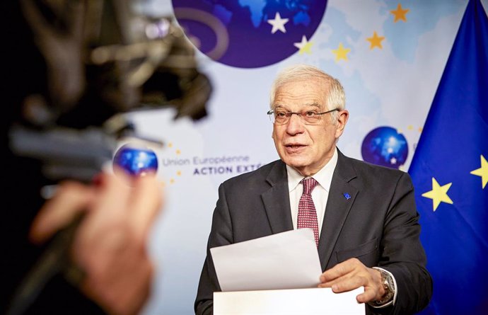 HANDOUT - 26 February 2021, Belgium, Brussels: European Union High Representative for Foreign Affairs and Security Policy Josep Borrell speaks to media ahead of ahead of a video conference with the EU leaders on European security, defence policy and rel
