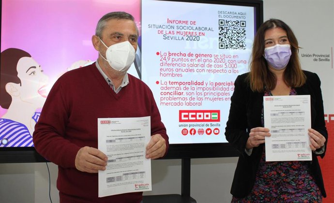 El secretario general de CCOO de Sevilla, Alfonso Vidán, y la secretaria de Mujer de CCOO de Sevilla, Eva Martínez Cabana, presentan el Informe de Situación Sociolaboral de las Mujeres en la provincia