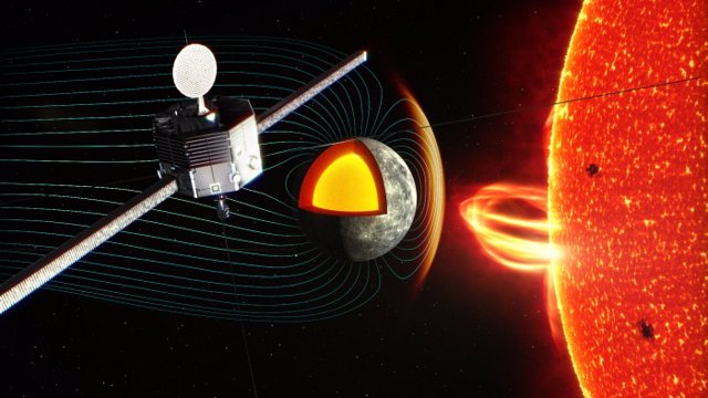 Ilustración del orbitador BepiColombo MIO observando el entorno de plasma cerca de la superficie de Mercurio.