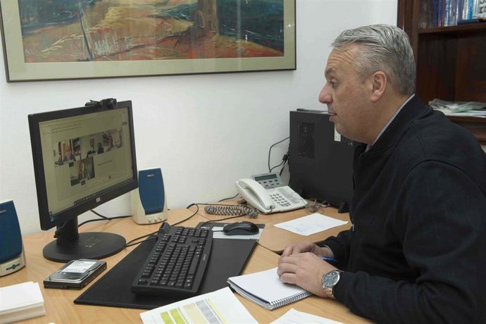 Ruiz Boix reunido telemáticamente en su despacho de Diputación