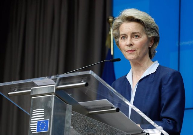 HANDOUT - 26 February 2021, Belgium, Brussels: European Commission President Ursula von der Leyen speaks during an online press conference with European Council President Charles Michel (not pictured) after the end of the online EU special summit on the C