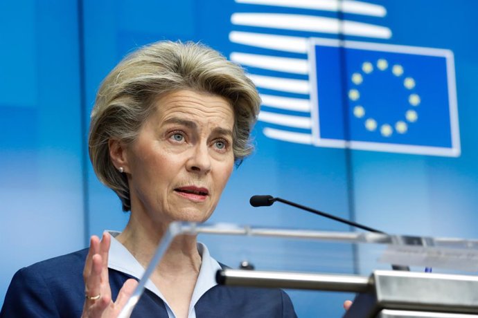 HANDOUT - 26 February 2021, Belgium, Brussels: European Commission President Ursula von der Leyen speaks during an online press conference with European Council President Charles Michel (not pictured) after the end of the online EU special summit on the