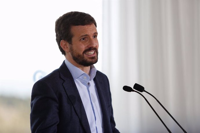 El presidente del Partido Popular, Pablo Casado interviene durante un acto de campaña del PP para las elecciones a la Generalitat del 14-F, en Tarragona, Catalunya (España), a 9 de febrero de 2021.