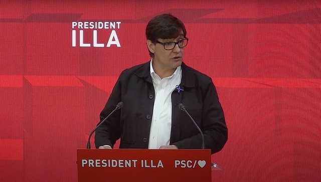 El candidat del PSC a la Presidència de la Generalitat, Salvador Illa, en la seva intervenció durant el Consell Nacional del PSC aquest dissabte.