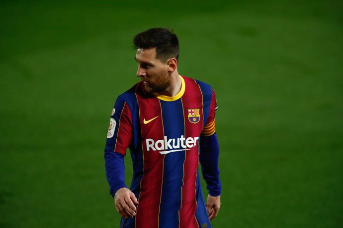 BARCELONA, SPAIN - MARCH 03: 10  Leo Messi of FC Barcelona in action during the Spanish cup, Copa del Rei, football match played between FC Barcelona and Sevilla FC at Camp Nou Stadium on March 03, 2021 in Barcelona, Spain.