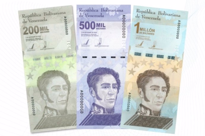Nuevos billetes de 200.000, 500.000 y un millón de bolívares en Venezuela