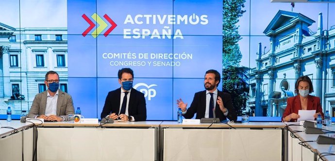 Archivo - El presidente del PP, Pablo Casado, preside la reunión con los comités de dirección del Grupo Popular. Asisten también Teodoro García Egea, Cuca Gamarra y Javier Maroto. En Madrid, a 14 de septiembre de 2020.