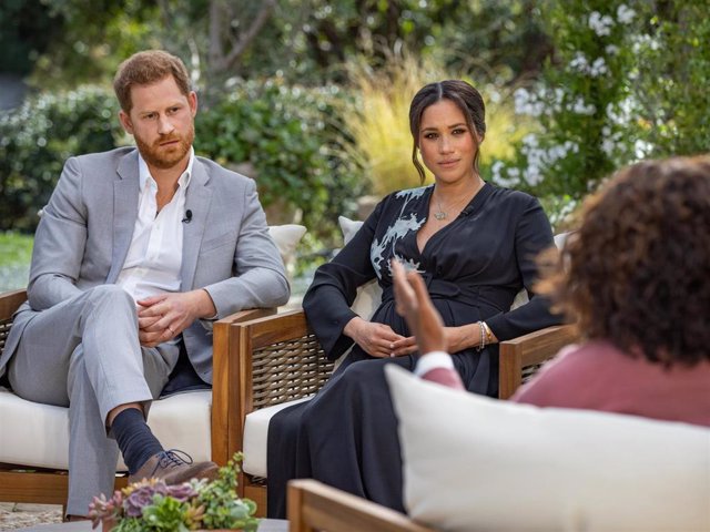 In this handout image provided by Harpo Productions and released on March 5, 2021, Oprah Winfrey interviews Prince Harry and Meghan Markle on A CBS Primetime Special premiering on CBS on March 7, 2021.