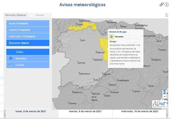 Mapa elaborado por la Aemet sobre el aviso meteorológico este lunes día 8 en la provincia de Burgos
