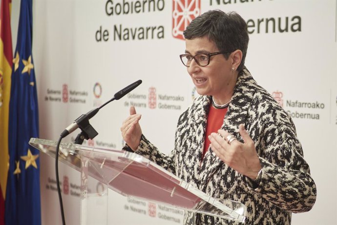 La ministra de Asuntos Exteriores, Unión Europea y Cooperación, Arancha González Laya interviene en el Palacio de Gobierno de Navarra, Pamplona, Navarra (España), a 5 de marzo de 2021. Durante su visita ha mantenido diversos encuentros con el Gobierno d