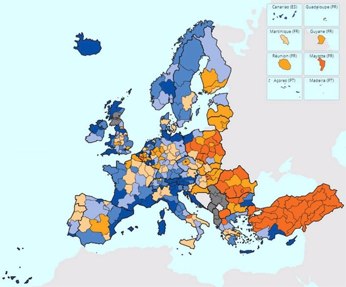 Mapa con las regiones de la UE coloreadas en relación a su dependencia del turismo. En naranja las que tienen menor dependencia y en gris las que no ofrecen información.
