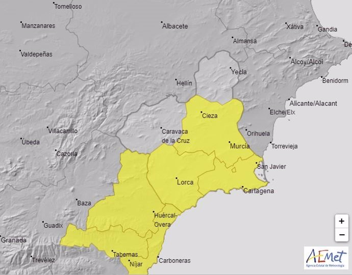Imagen de las zonas en las que está activo el aviso amarillo por lluvias