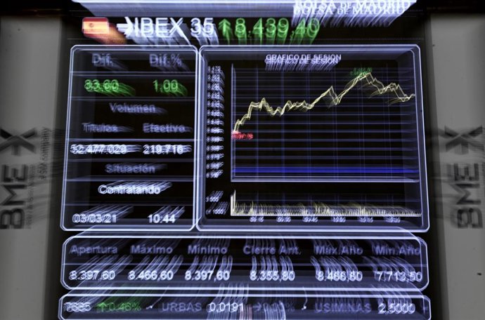 Valores del Ibex 35 en un panel de la Bolsa de Madrid, (España), a 3 de marzo de 2021. 