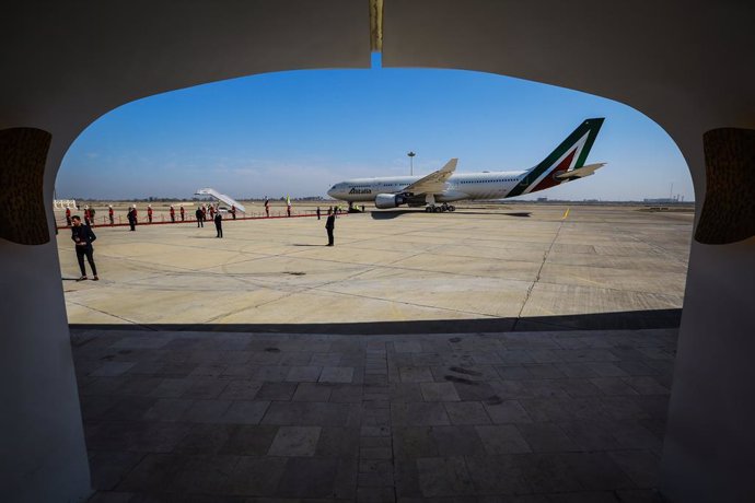 08 March 2021, Iraq, Baghdad: Pope Francis' Alitalia A330 aircraft prepares for take off from Baghdad International Airport. Photo: Ameer Al Mohammedaw/dpa