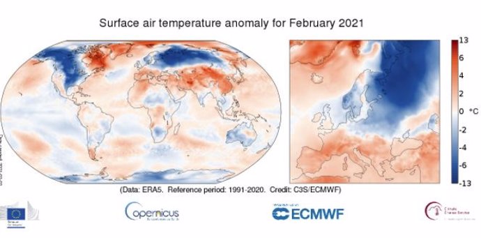 Anomalía de temperaturas en febrero de 2021