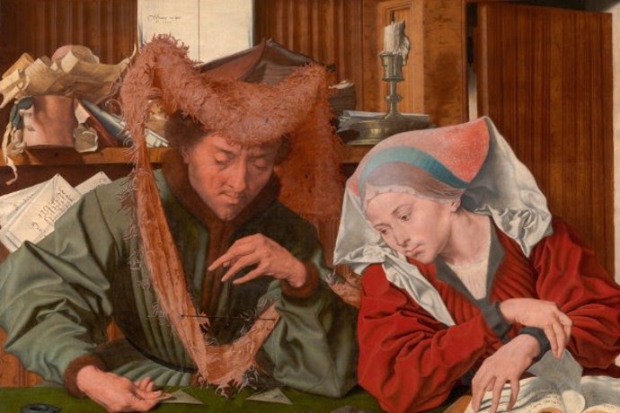 Detalle de 'El recaudador de impuestos y su mujer (conocido como El cambista y su mujer)', obra de Marynus