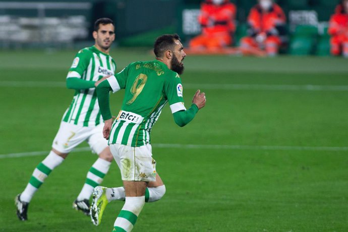 Celebrate score of Borja Iglesias of Real Betis during LaLiga, football match played between Real Betis Balompie and Getafe Club Futbol at Benito Villamarin Stadium on February 19, 2021 in Sevilla, Spain.