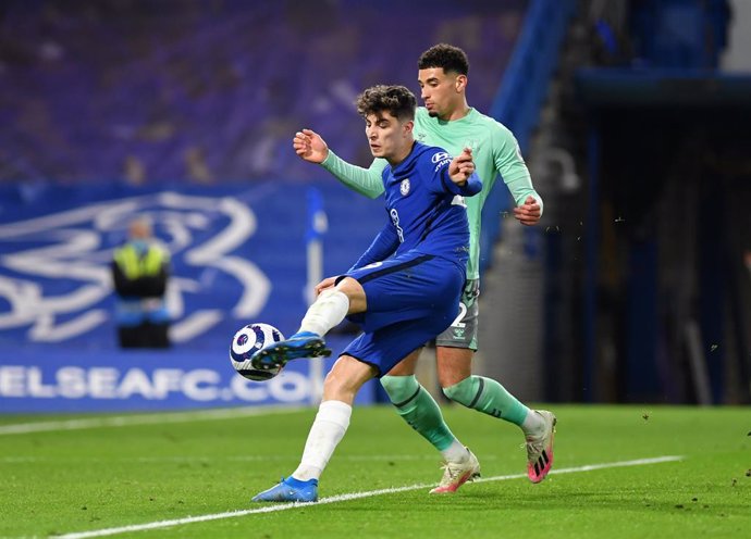 08 March 2021, United Kingdom, London: Chelsea's Kai Havertz scores but the goal is disallowed during the English Premier League soccer match between Chelsea and Everton at Stamford Bridge. Photo: Mike Hewitt/PA Wire/dpa
