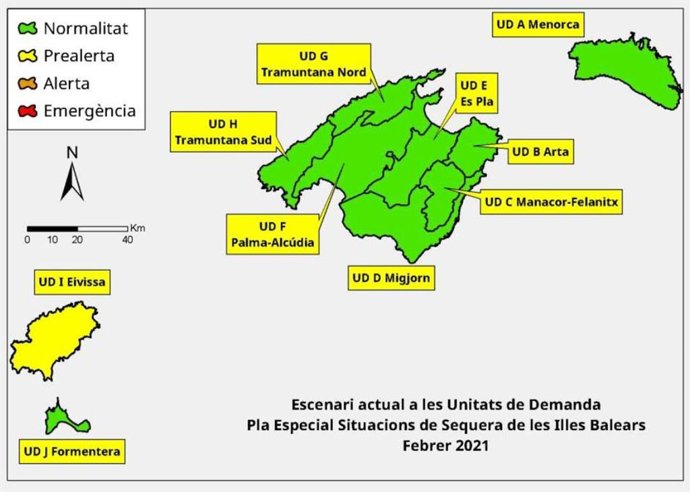 Escenario actual de las Unidades de Demanda del Plan Especial de Situaciones de Sequía de Baleares.
