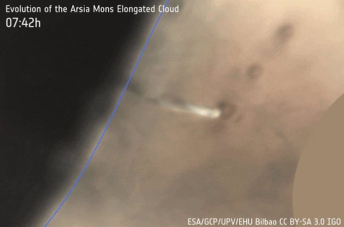 Evolución de la nube alargada junto a Arsia Mons