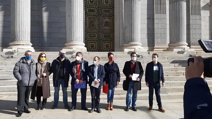 Asociaciones por la normalización lingüística posan frente al Congreso