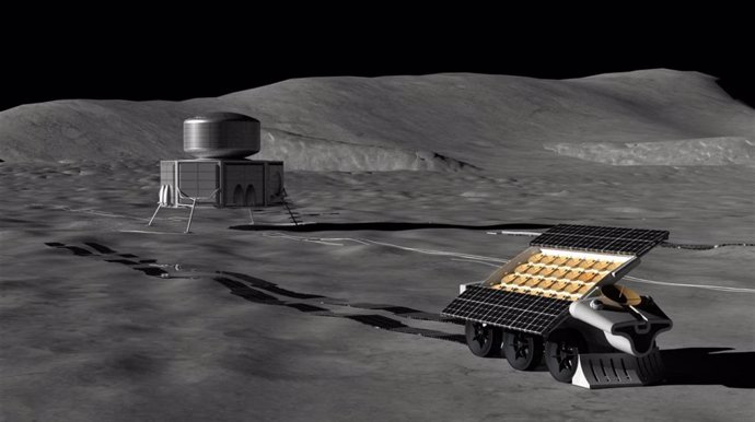 Representación artística de un robot colocando una antena en la superficie lunar.