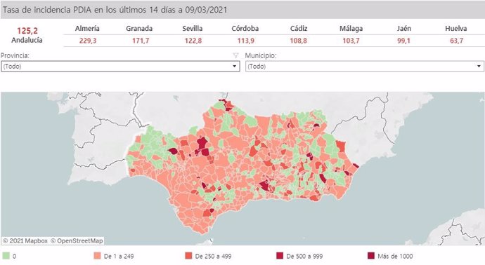 Mapa de Andalucía con nivel de incidencia de Covid-19 por municipios a 9 de marzo de 2021