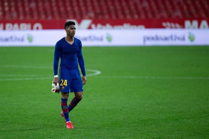Junior Firpo of Barcelona during Semi-finals round of Copa del Rey, football match played between Sevilla Futbol Club and Futbol Club Barcelona at Ramon Sanchez Pizjuan Stadium on February 10, 2021 in Sevilla, Spain.