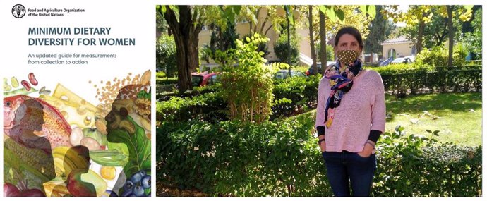 A  la izquierda, portada de la actualización de la guía de la FAO; a la derecha, Estefanía Custodio, investigadora del Centro Nacional de Medicina Tropical, en los jardines del ISCIII.