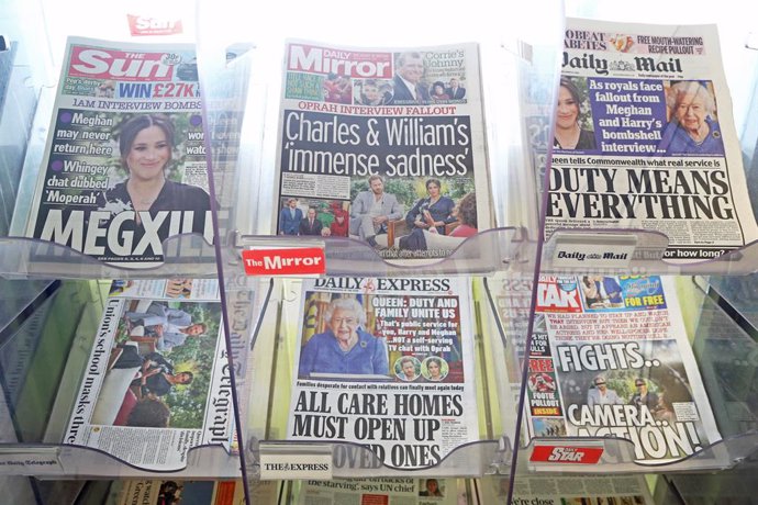 08 March 2021, United Kingdom, Dover: A general view of the front pages of newspapers on sale at a garage in Dover, Kent. The Duke and Duchess of Sussex have plunged the monarchy into a crisis, accusing an unnamed royal of racism, suggesting the family 