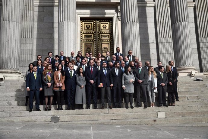 Archivo - Foto de familia de los 52 diputados electos de Vox en la escalinata principal del Congreso de los Diputados.