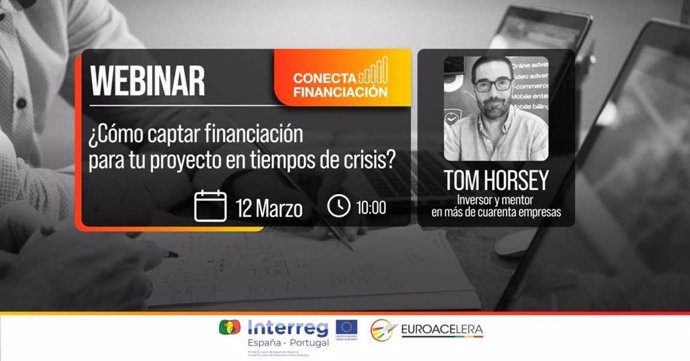 Cartel de un webinar de la Junta de Extremadura sobre captación de financiación para un proyecto empresarial en tiempos de crisis