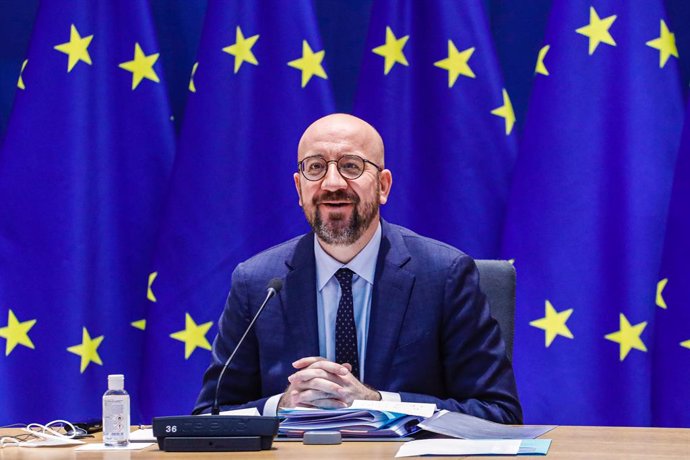 HANDOUT - 26 February 2021, Belgium, Brussels: The European Council President Charles Michel attends a video conference with the EU leaders on European security, defence policy and relations with their southern neighbours. Photo: Dario Pignatelli/Europe