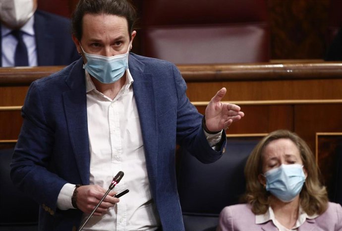 El vicepresidente segundo del Gobierno, Pablo Iglesias, interviene durante una sesión de control al Gobierno en el Congreso de los Diputados, en Madrid (España), a 10 de marzo de 2021.