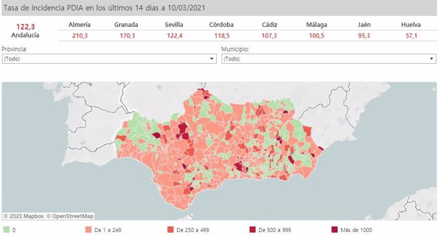 Mapa de Andalucía con nivel de incidencia de Covid-19 por municipios a 10 de marzo de 2020