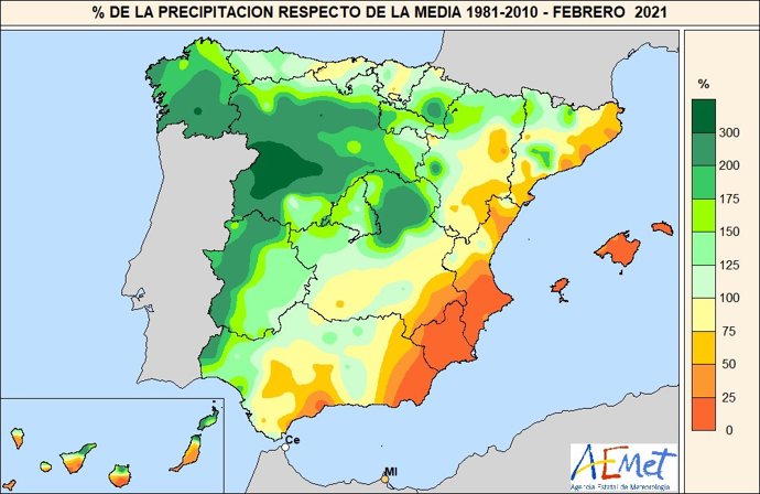 El mes de febrero de 2021 ha sido el octavo más lluvioso del siglo y el tercero más cálido desde que hay registros, según AEMET.
