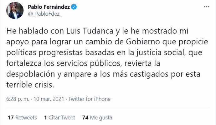 Tuit del procurador y secretario general de Podemos en Castilla y León, Pablo Fernández.