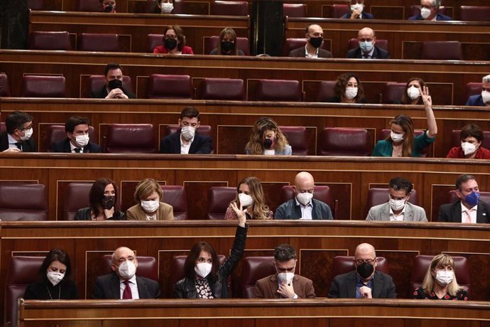 La portavoz parlamentaria del PSOE, Adriana Lastra, levanta el brazo para votar durante una sesión plenaria celebrada en el Congreso
