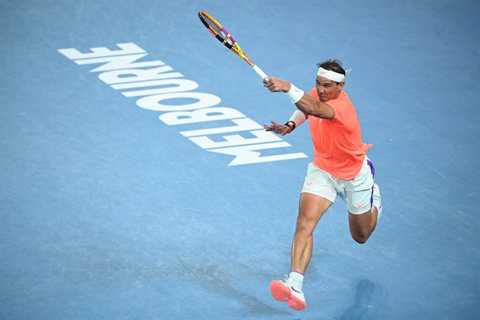 Rafael Nadal of Spain in action during his Men's singles quarter finals match against Stefanos Tsitsipas of Greece on Day 10 of the Australian Open at Melbourne Park in Melbourne, Wednesday, February 17, 2021. (AAP Image/Dean Lewins) NO ARCHIVING, EDITO