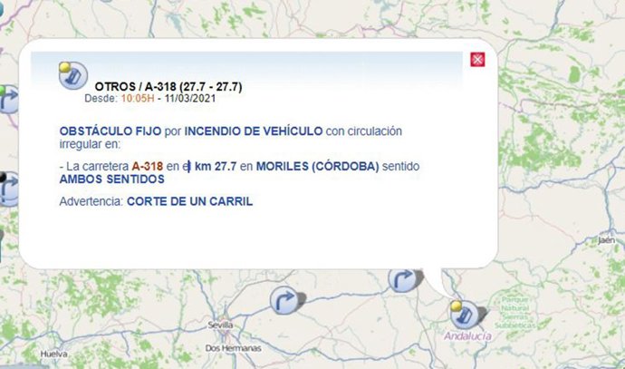 Mapa que indica el lugar del incendio del camión en la A-318, en Moriles.