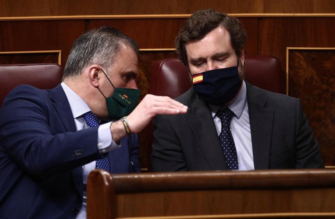 El secretario general de Vox y portavoz del partido en el Ayuntamiento de Madrid, Javier Ortega Smith (i), conversa con el portavoz de Vox en el Congreso, Iván Espinosa de los Monteros