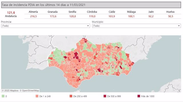 Mapa de Andalucía con nivel de incidencia del Covid-19 por municipios a 11 de marzo de 2021