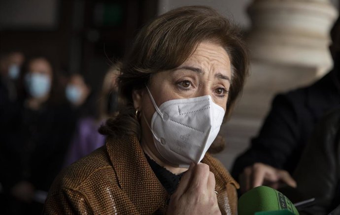 La delegada de Gobierno en Andalucía, Sandra García (c), atiende a los medios de comunicación.