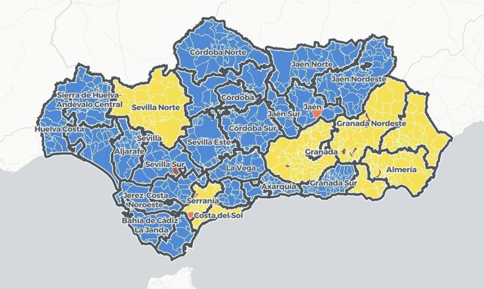 Mapa de Andalucía con niveles de alerta por Covid-19 vigentes desde las 00.00 horas del viernes 12 de marzo