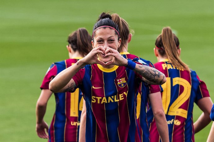 Jennifer Hermoso of Fc Barcelona Femeni celebrates a goal during the UEFA Women's Champions League round of 1/8 first leg, match between FC Barcelona Femeni and Fortuna Hjorring at Johan Cruyff Stadium on March 03, 2021 in Barcelona, Spain.